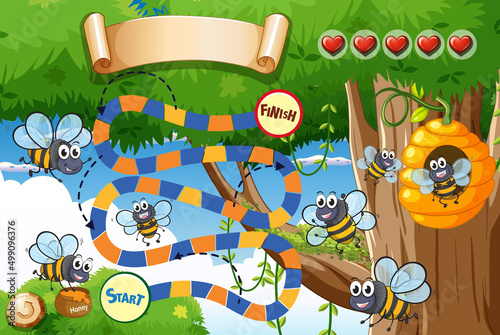 Game design with bee and beehive in background