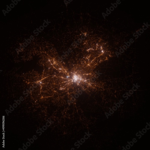 Columbia (South Carolina, USA) street lights map. Satellite view on modern city at night. Imitation of aerial view on roads network. 3d render