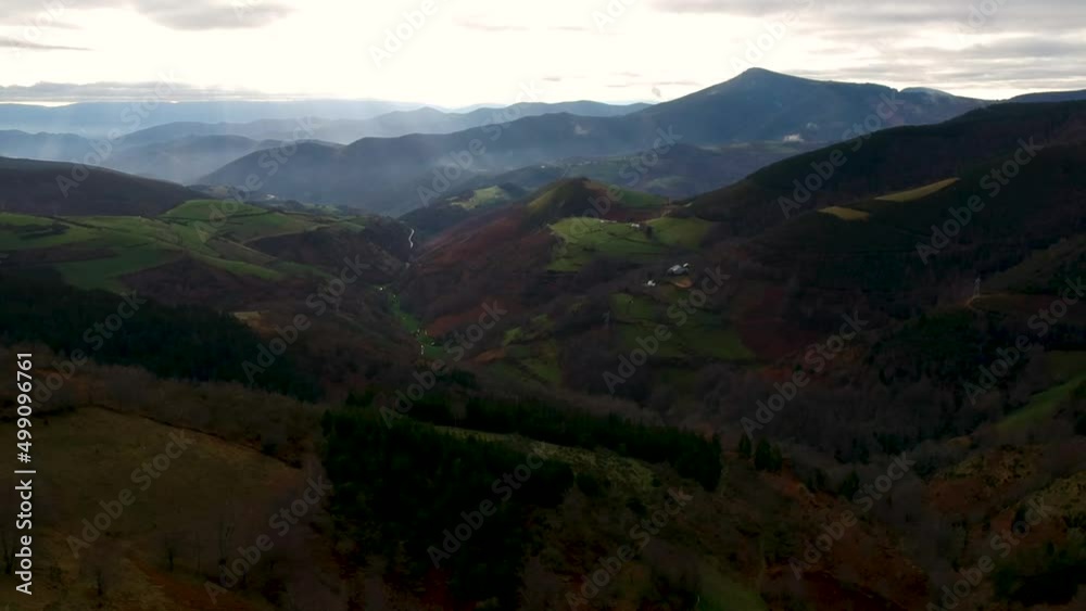 Aerial view of countryside valley in Spain, rural area on Way of St. James Aerial view of countryside valley in Spain, rural area on Way of St. James