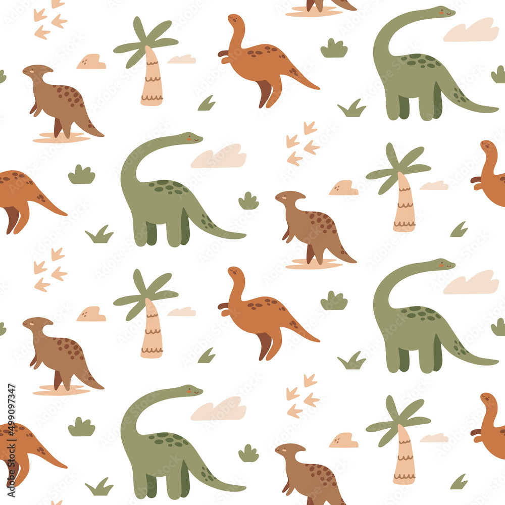 Obraz premium Vector colored childish pattern with cute dinosaurs and tropical palm. Scandinavian wall art, background. Kids print with cute dino, palm, fossil footprints. Apparel, textile, wallpaper.