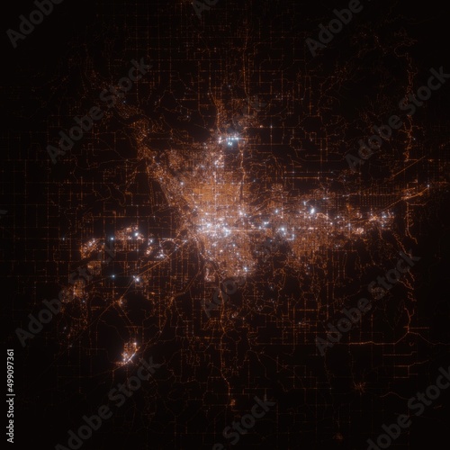 Spokane (Washington, USA) street lights map. Satellite view on modern city at night. Imitation of aerial view on roads network. 3d render