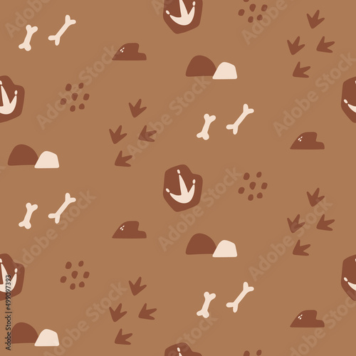 Dinosaur footprint seamless pattern. Background with paw, claw, steps, track, bones, stones. Dino feet. Jurassic animals illustration. Vector texture for kids textile, paper, apparel.