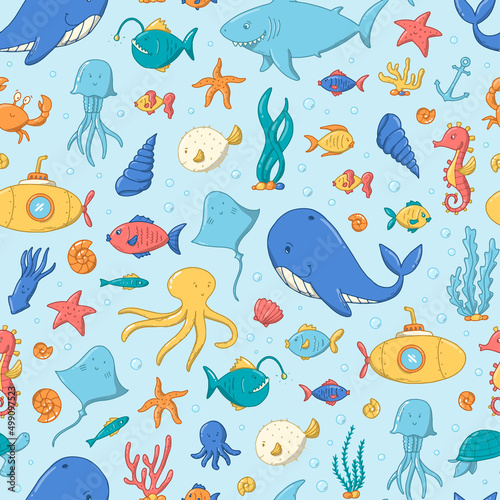 ocean and sea seamless pattern decorated with doodles, cartoon and kawaii elements. Kids textile print, wrapping paper, background, scrapbooking, stationary, etc. EPS 10