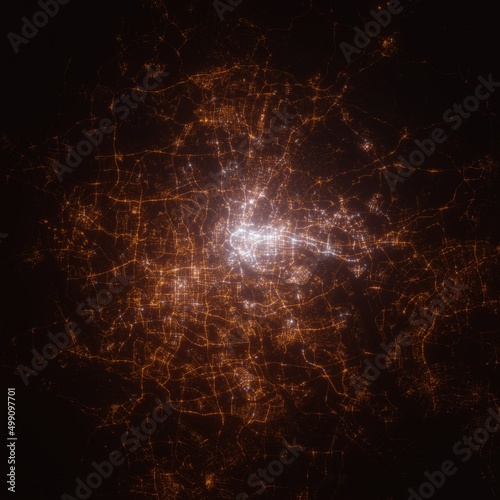 Guangzhou (China) street lights map. Satellite view on modern city at night. Imitation of aerial view on roads network. 3d render