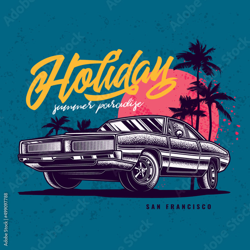 Original vector illustration in vintage style. Vintage car, palm trees and the sun on a blue background.