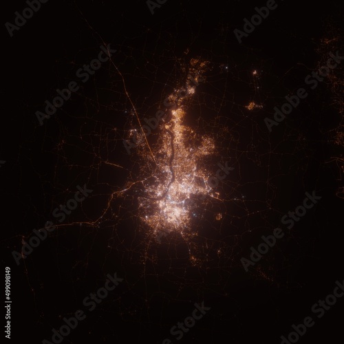 Kolkata (India) street lights map. Satellite view on modern city at night. Imitation of aerial view on roads network. 3d render