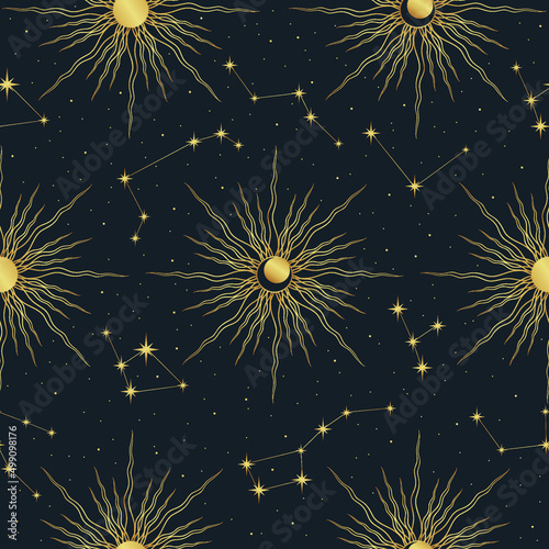 Vector gold seamless pattern with sun, constellations, stars. Trendy background for design of fabric, package, astrology, yoga mat, phone case.