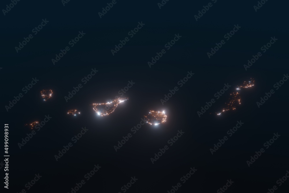 Aerial shot of Canary islands at night, view from south. Imitation of satellite view on islands with street lights and glow effect. 3d render - obrazy, fototapety, plakaty 