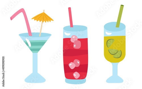 Beach cocktails with ice. Refreshing drink in glasses with tubes. Blue in layers, pink berry, green with lime. Vector illustration for sunny summer