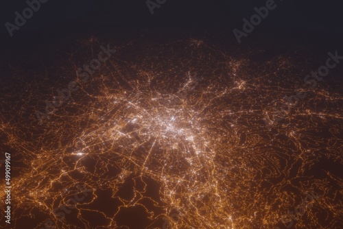 Aerial shot of Salzburg (Austria) at night, view from south. Imitation of satellite view on modern city with street lights and glow effect. 3d render