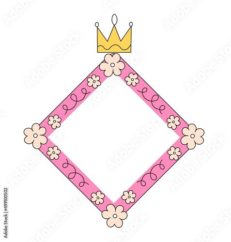 Cute princess mirrow in shape of rhombus with yellow crown and flowers