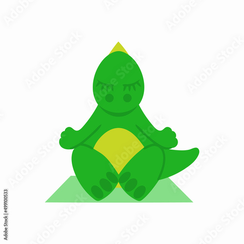 Concept of cute cartoon dinosaur doing yoga. Dinosaur sits in pose lotos on sports mat. Vector illustration. Design element isolated on white background