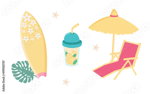 Summer beach set with surfboard  cup lemonade  straw umbrella 