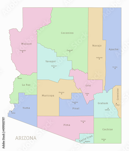 Arizona US state administrative editable map in colors. American federal state highly detailed map with territory borders and names of departments realistic vector illustration photo