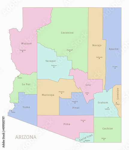 Arizona US state administrative editable map in colors. American federal state highly detailed map with territory borders and names of departments realistic vector illustration