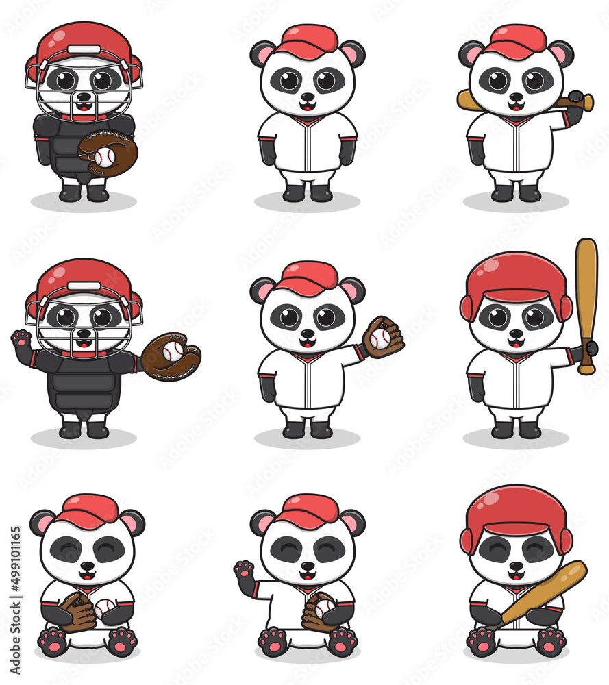 Obraz premium Vector Illustration of Cute Panda with Baseball costume. Set of cute Panda characters.