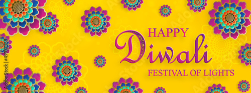 Happy Diwali vector illustration. Festive Diwali and Deepawali card. The Indian festival of lights on yellow color background