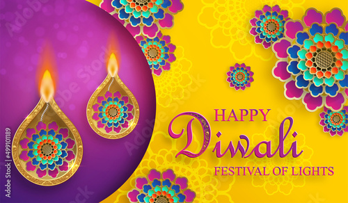 Happy Diwali vector illustration. Festive Diwali and Deepawali card. The Indian festival of lights on yellow color background