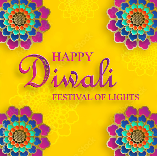 Happy Diwali vector illustration. Festive Diwali and Deepawali card. The Indian festival of lights on yellow color background