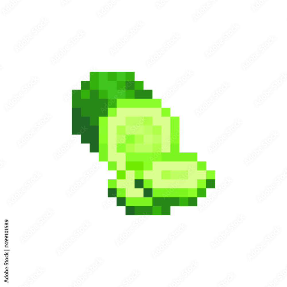 Cucumber, vegetables pixel art icon, isolated vector illustration. Design for stickers, logo, mobile app. Video game assets 80s 8-bit sprite sheet.
