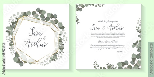 Vector herbal wedding invitation template. Different herbs  green plants and leaves  round frame. All elements can be isolated