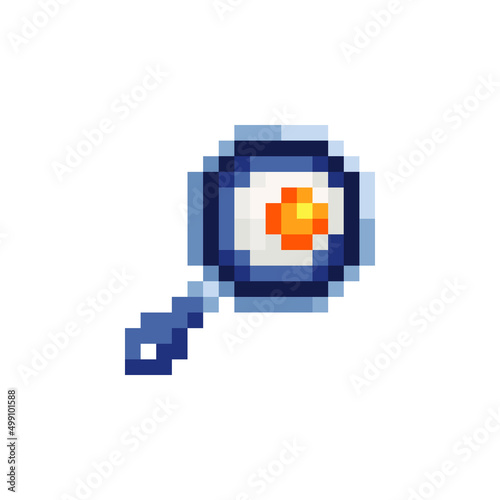 Frying pan and fried eggs. Flat icon. Pixel art style design. 8-bit sprites. Isolated vector illustration.