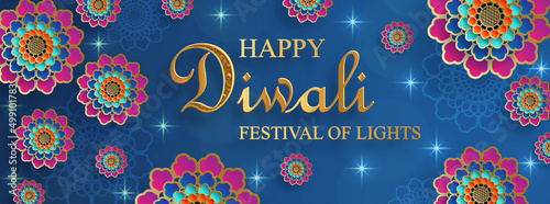 Happy Diwali vector illustration. Festive Diwali and Deepawali card. The Indian festival of lights on blue color background