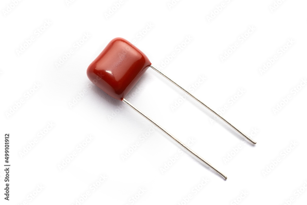 Radial metallized polypropylene film capacitor isolated on white background