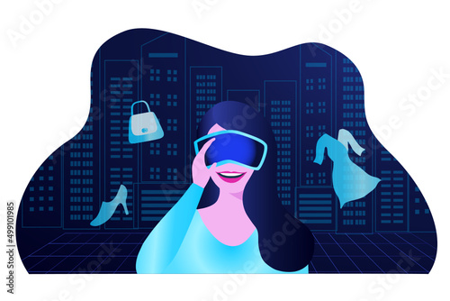 Metaverse Virtual Reality shopping. woman wearing VR goggle having 3d experience in shopping in the metaverse vector illustration 