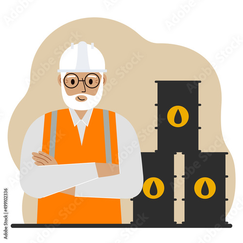 Oil barrels and a smiling old oilman. Oil industry and worker or engineer in special clothes and helmet.
