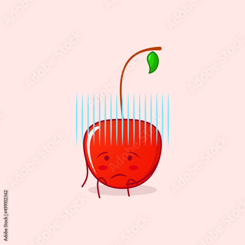 cute cherry cartoon character with hopeless expression and sit down. green and red. suitable for emoticon, logo, mascot and icon
