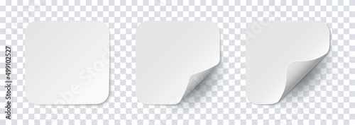 Mockup realistic square stickers with rounded corners white colors with curved corner and shadow. White square stickers with rounded corners on a transparent background. Vector illustration EPS10
