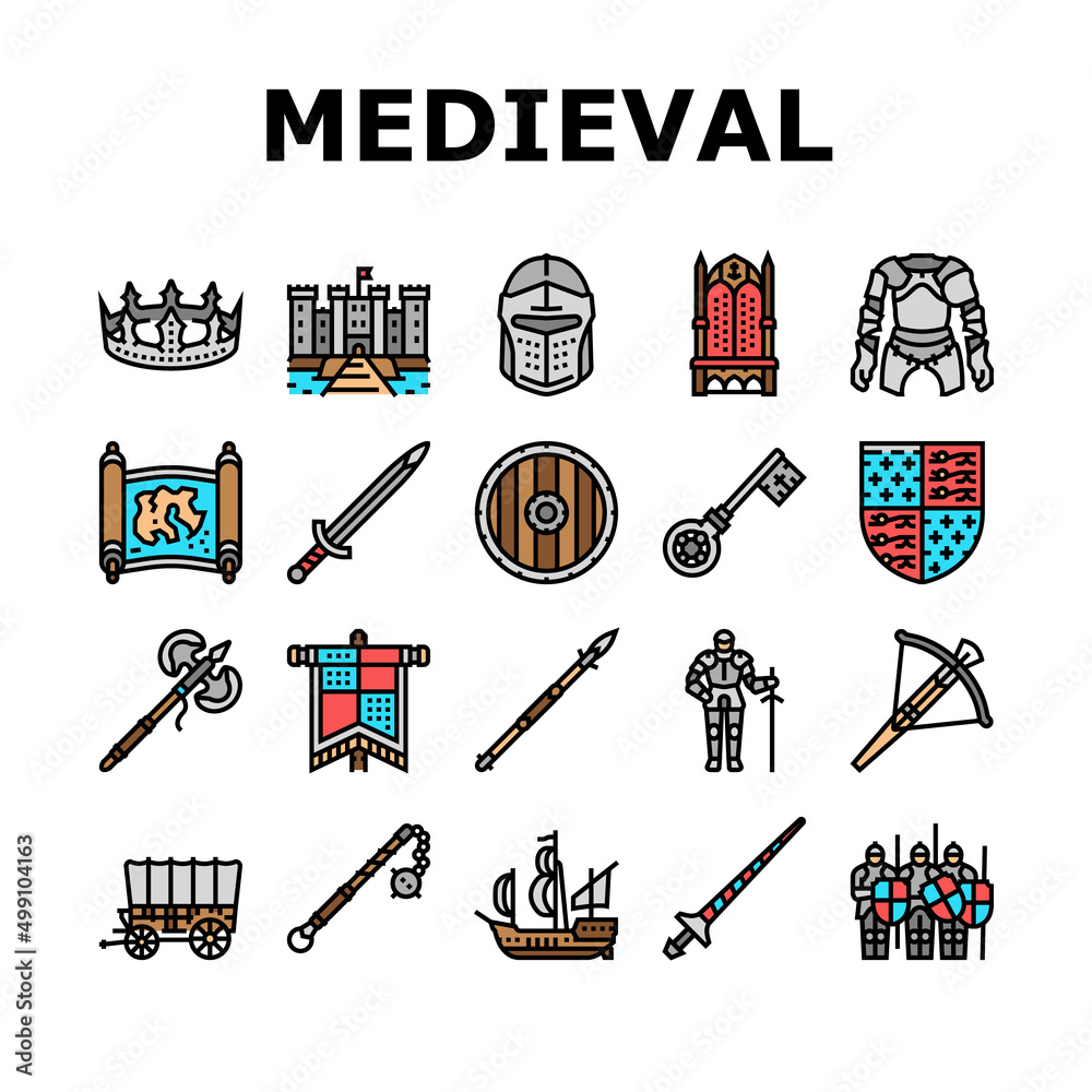 Medieval Warrior Weapon And Armor Icons Set Vector. Medieval Knight ...