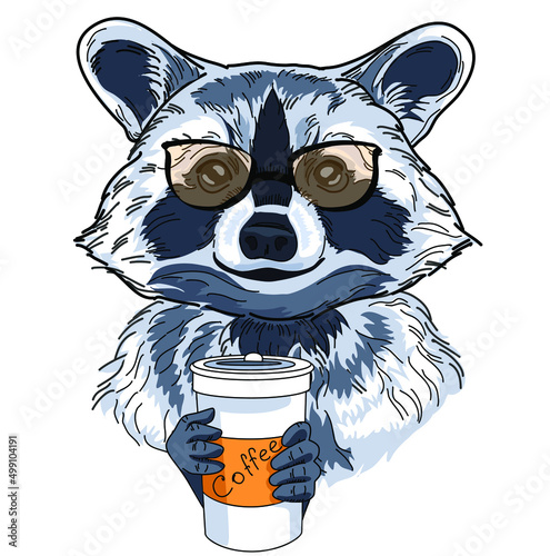 A cute raccoon is holding a glass of coffee. raccoon with glasses. Print for t-shirts, sweatshirts. Sketch draw. Vector illustration