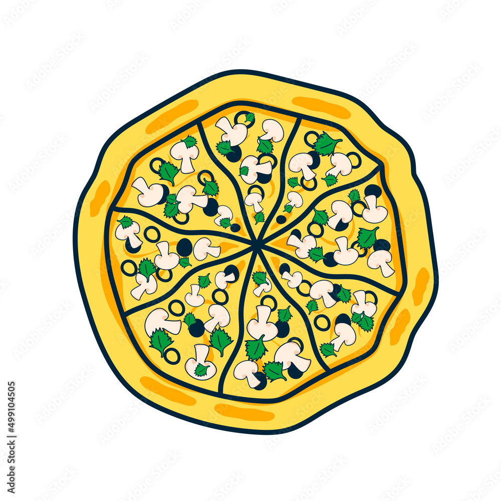 Pizza with mushrooms, olives and spinach. Stylized vector drawing