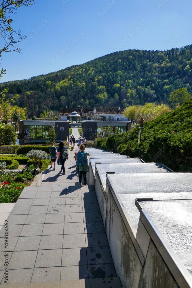 Fototapeta premium Herberstein, Austria. 04.14.2022. Beautiful staircase in the park in the mountains.