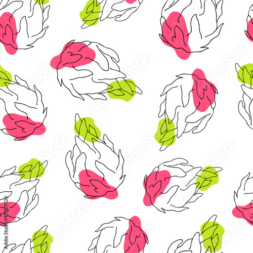 Seamless pattern. Pitaya fruit. Drawing lines with colored spots