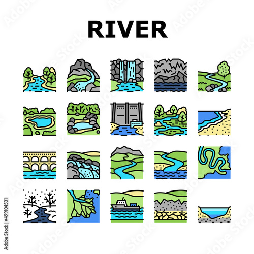 River And Lake Nature Landscape Icons Set Vector. River Mouth And Delta, Sea Shore And Pond In Forest, Aqueduct Construction And Dam. Waterfall And Water Reservoir Color Illustrations