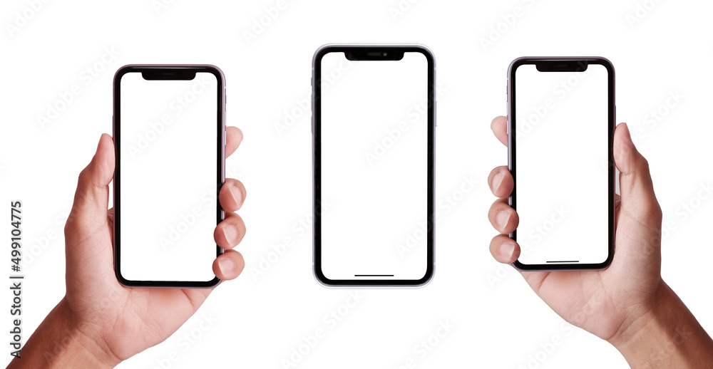 Foto Stock iphone on Hand , holding the smartphone with blank screen and  modern frameless design, hold Mobile phone on transparent background Ideal  for marketing, app design : Bangkok, Thailand - Apr 13, 2022 | Adobe Stock