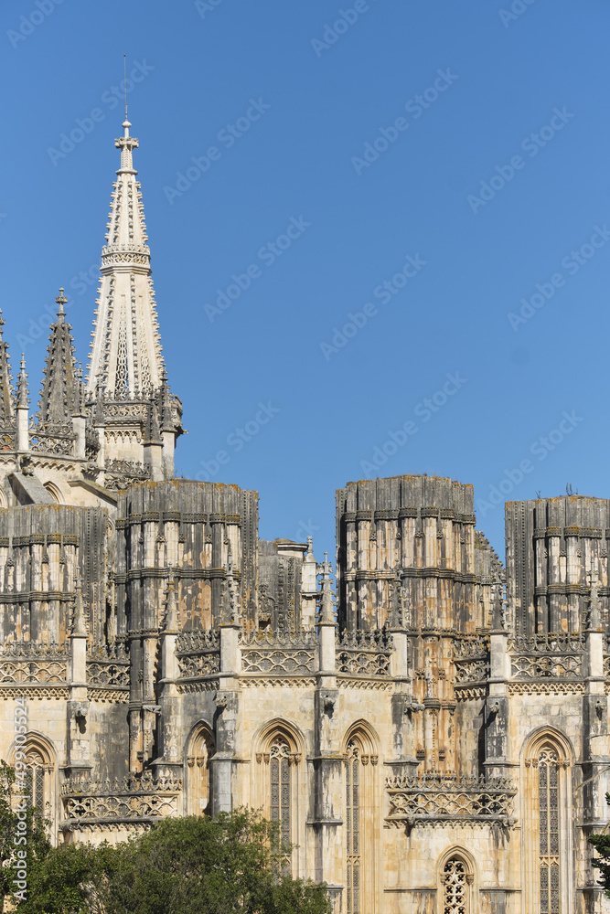 close up of outside of the Unfinished Chapels in the Batalha Monastery in Batalha, Portugal