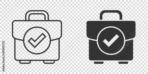 Briefcase accept icon in flat style. Portfolio approval vector illustration on white isolated background. Confirm business concept.