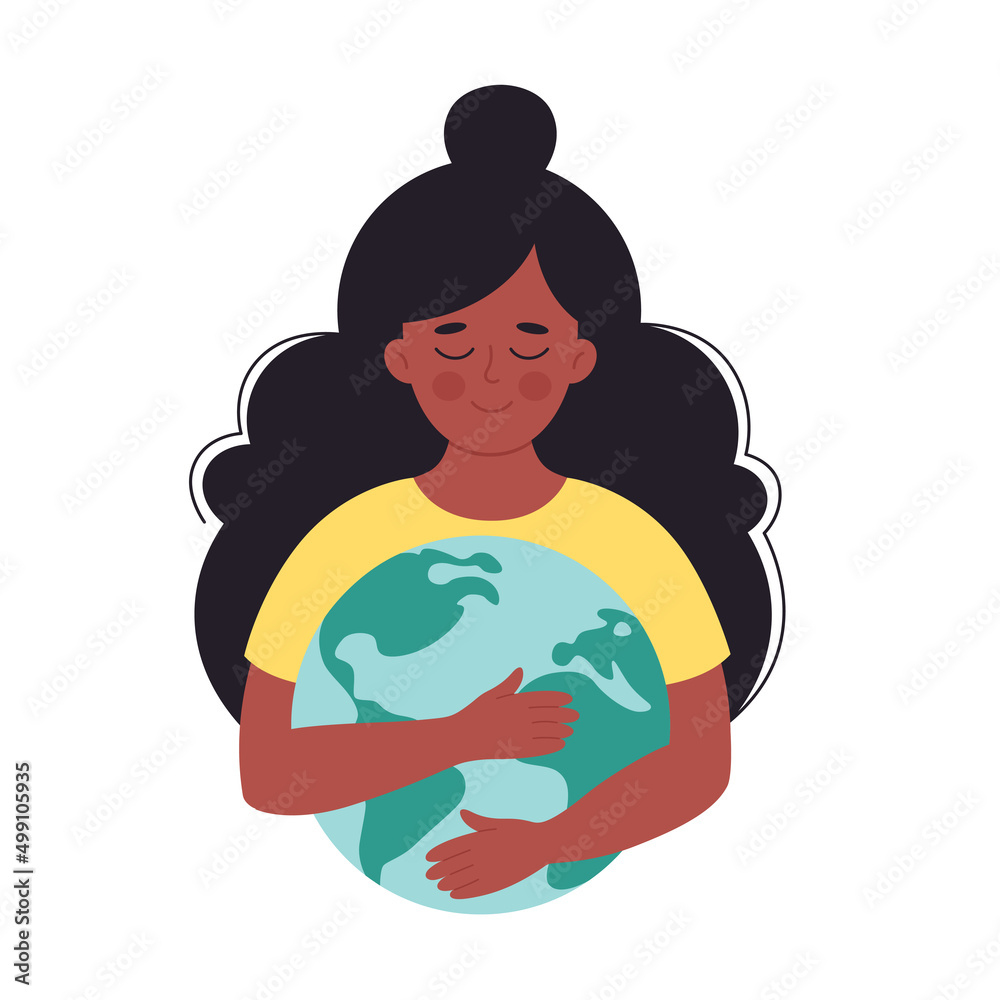 Black woman hugging Earth globe. Earth Day, saving planet, nature protect, ecological awareness concept. Hand drawn vector illustration Black woman hugging Earth globe. Earth Day, saving planet, nature protect, ecological awareness concept. Hand drawn vector illustration