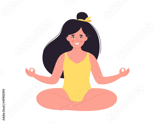 Woman meditating in swimsuit. Healthy lifestyle, yoga, relax, breathing exercise. Hello summer. Hand drawn vector illustration