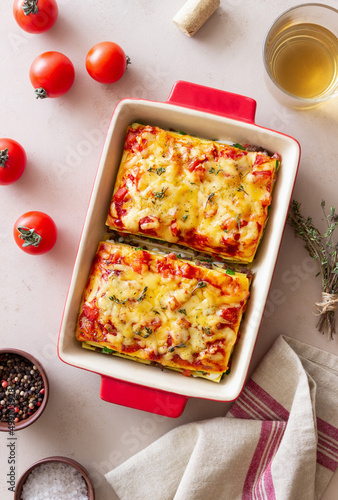 Italian lasagna with meat, cheese and vegetables. Italian food.