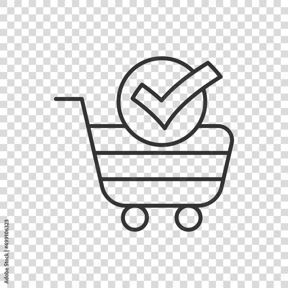 Shopping cart check mark icon in flat style. Buy approval vector illustration on white isolated background. Confirm business concept. Shopping cart check mark icon in flat style. Buy approval vector illustration on white isolated background. Confirm business concept.