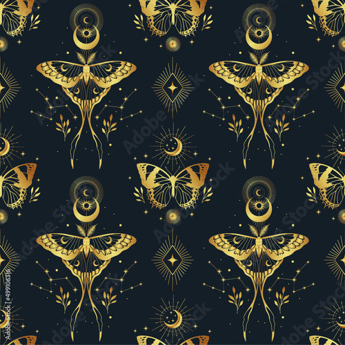 Fototapeta Vector seamless pattern with gold moon moth and stars