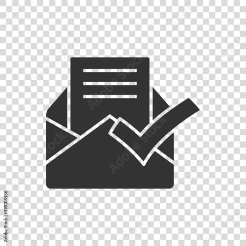 Envelope with confirmed document icon in flat style. Verify vector illustration on white isolated background. Receive business concept.