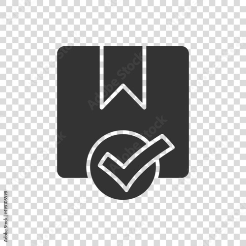 Shipping box check icon in flat style. Container approve vector illustration on white isolated background. Cardboard package business concept.