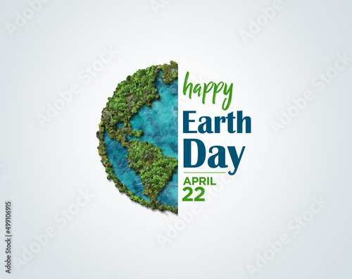 Earth day concept. 3d eco friendly design. Earth map shapes with trees water and shadow. Save the Earth concept. Happy Earth Day, 22 April.