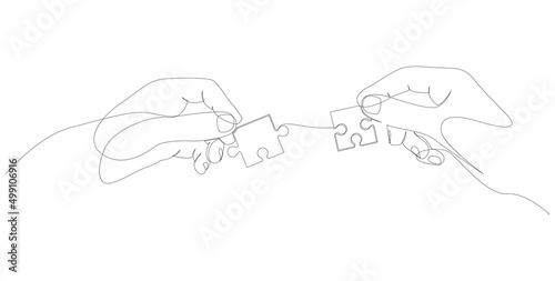Continuous line drawing of hands solving jigsaw puzzle. Teamwork concept drawn by one line. Vector illustration.